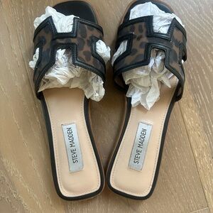 Steve Madden Leopard Print Slide Sandals with Black Trim